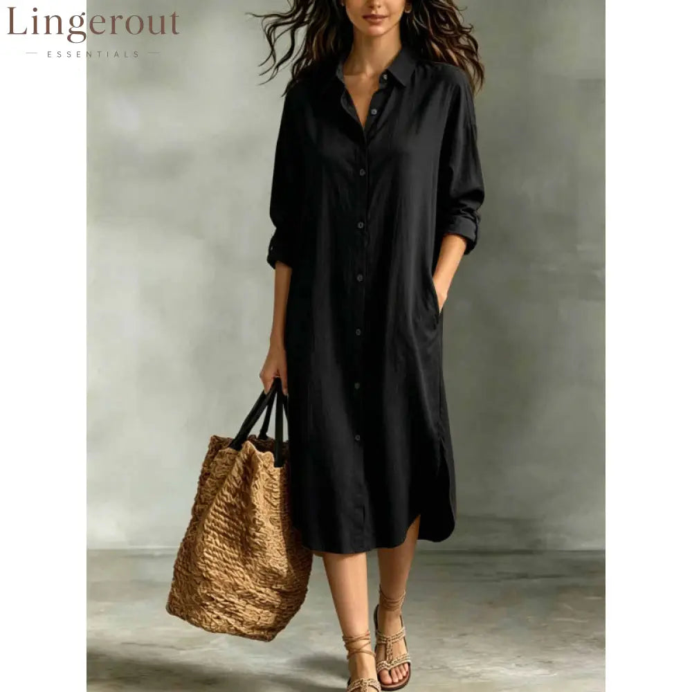 Oversized Linen‑Blend Shirt Midi Dress - black / S