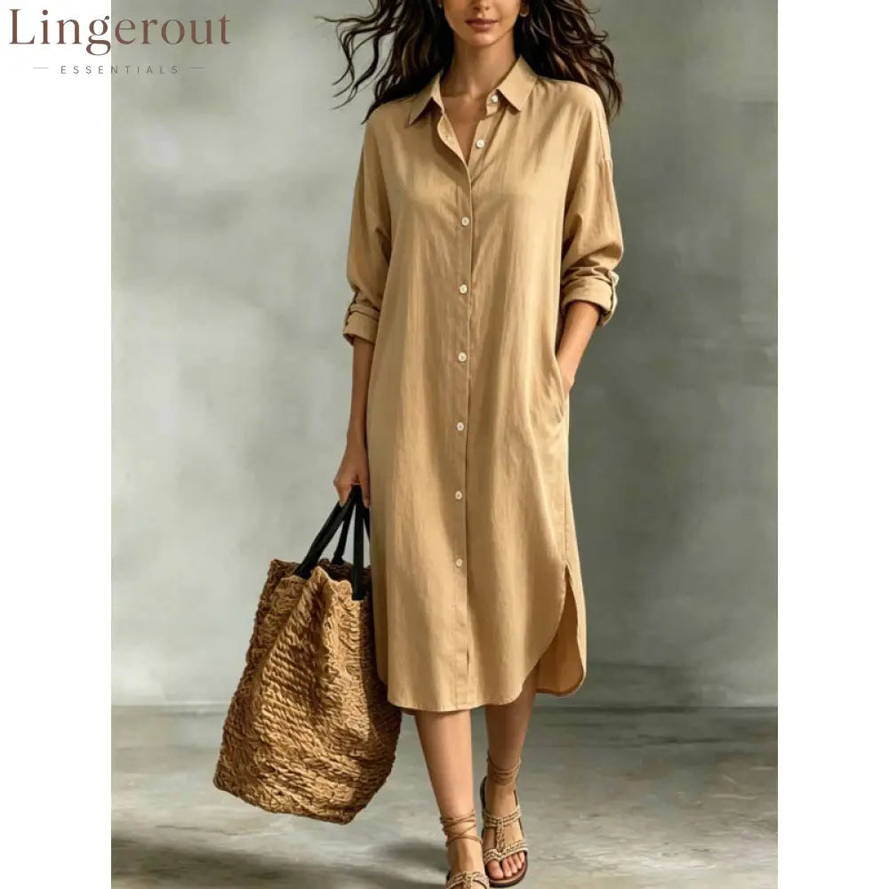 Oversized Linen‑Blend Shirt Midi Dress - khaki / S