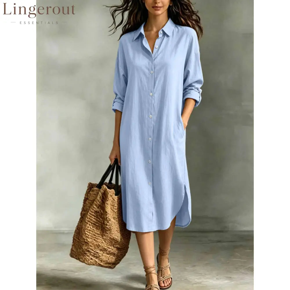 Oversized Linen‑Blend Shirt Midi Dress - light blue / S