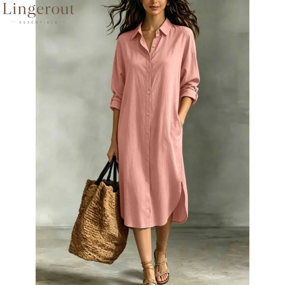 Oversized Linen‑Blend Shirt Midi Dress - pink / S