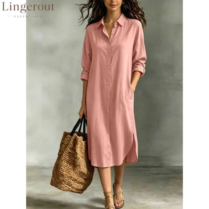 Oversized Linen‑Blend Shirt Midi Dress - pink / S