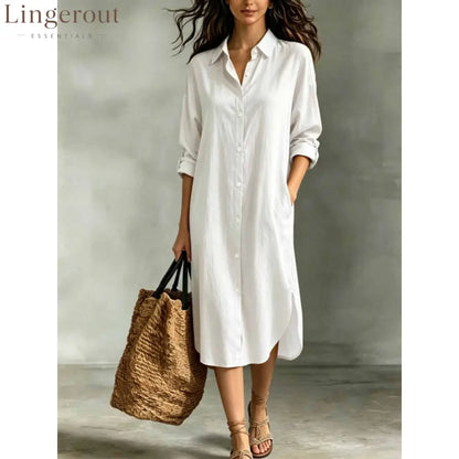 Oversized Linen‑Blend Shirt Midi Dress - white / S
