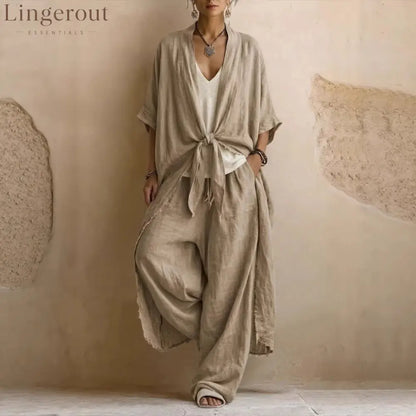 Oversized Linen Kimono & Wide Leg Pants Two-Piece Set