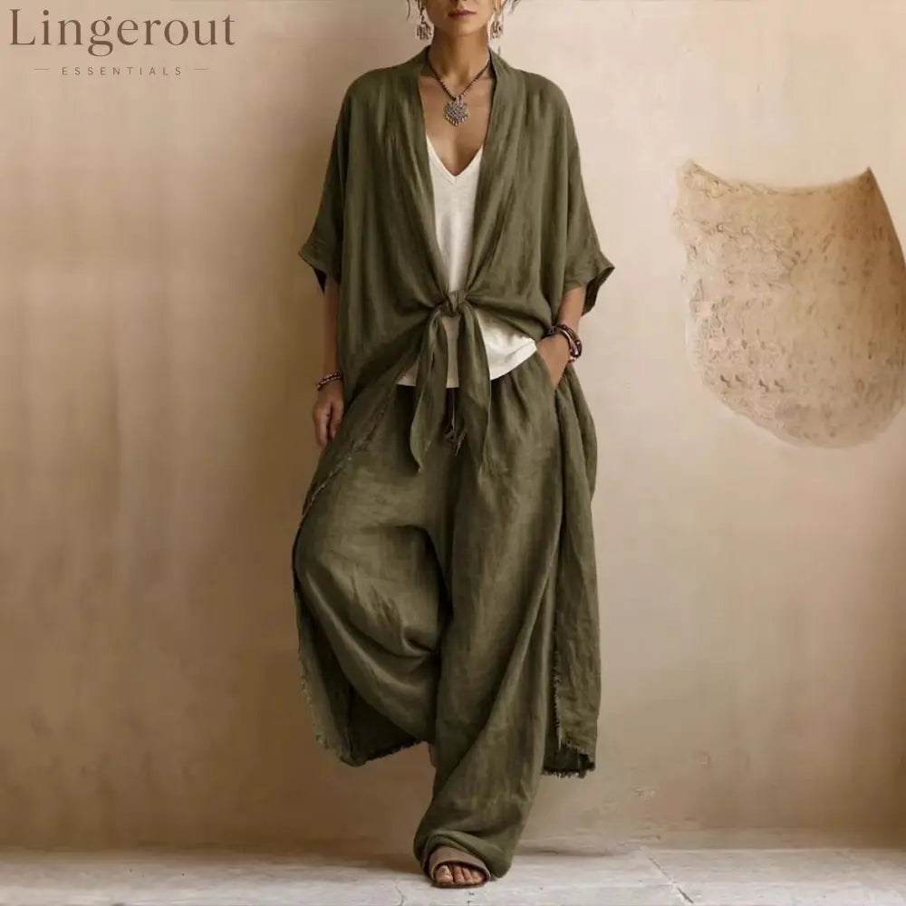 Oversized Linen Kimono & Wide Leg Pants Two-Piece Set