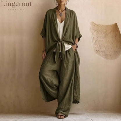 Oversized Linen Kimono & Wide Leg Pants Two-Piece Set
