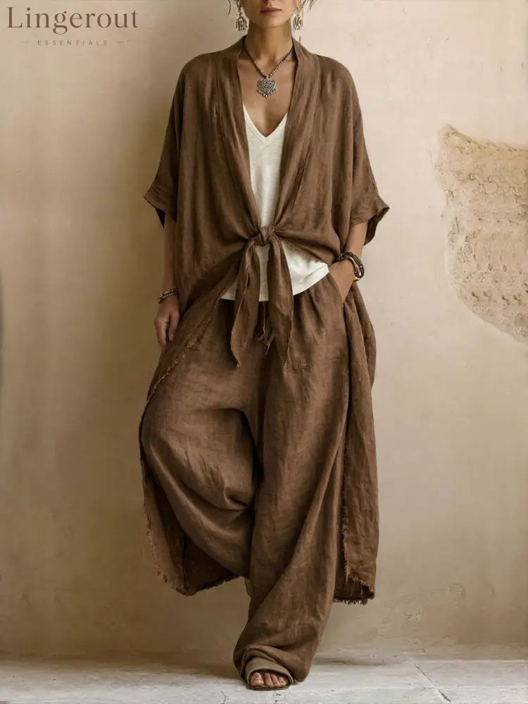 Oversized Linen Kimono & Wide Leg Pants Two-Piece Set - Brown / S