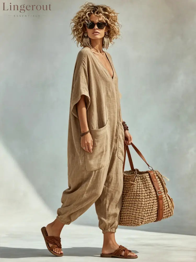 Oversized Linen-look Cotton V-neck Harem Jumpsuit