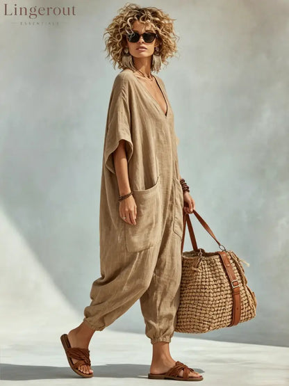 Oversized Linen-look Cotton V-neck Harem Jumpsuit