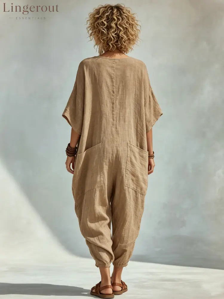 Oversized Linen-look Cotton V-neck Harem Jumpsuit