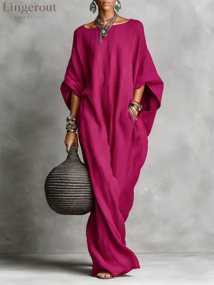 Oversized Linen Maxi Kaftan Dress - Rosered / S