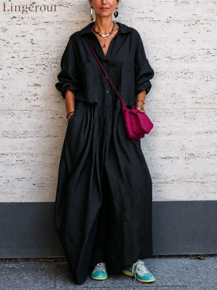 Oversized Linen Wide Leg Jumpsuit - Black / S