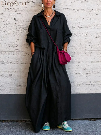 Oversized Linen Wide Leg Jumpsuit - Black / S