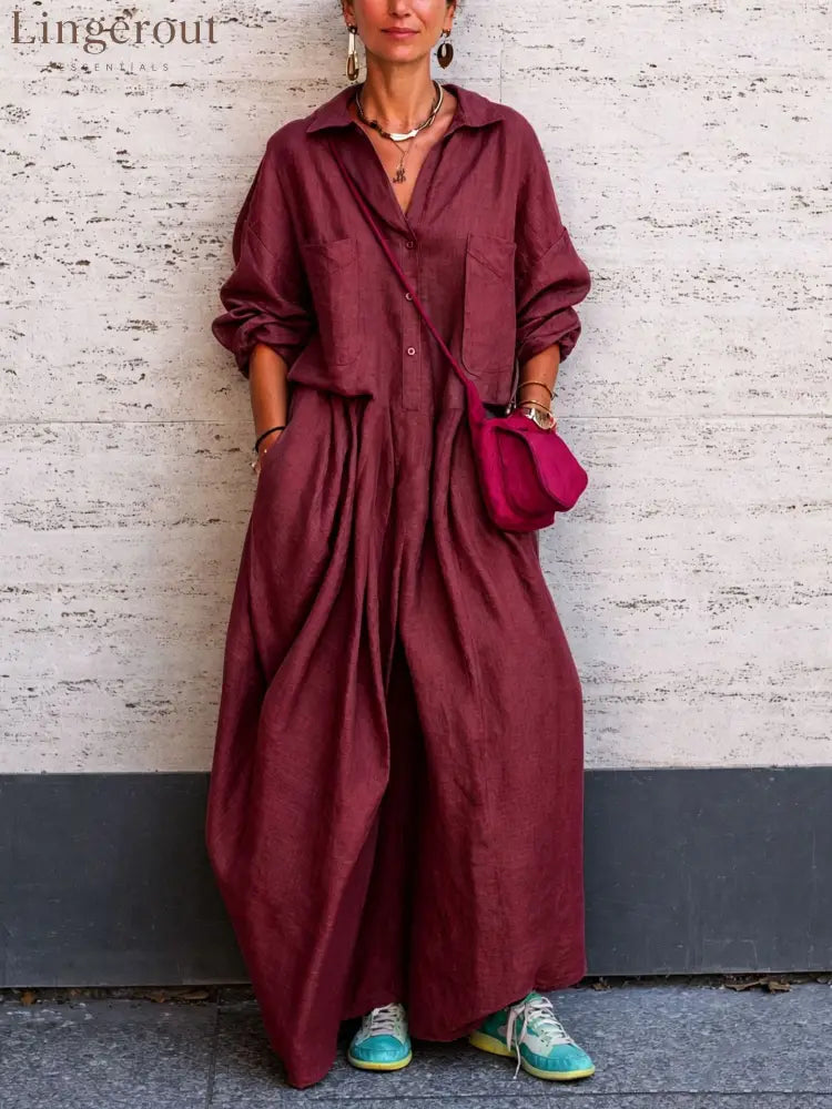 Oversized Linen Wide Leg Jumpsuit - Claret / S