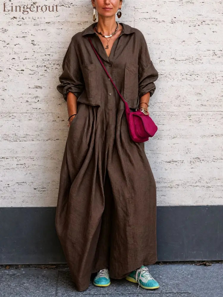 Oversized Linen Wide Leg Jumpsuit - Dark brown / S