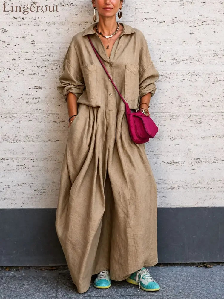 Oversized Linen Wide Leg Jumpsuit - Khaki / S