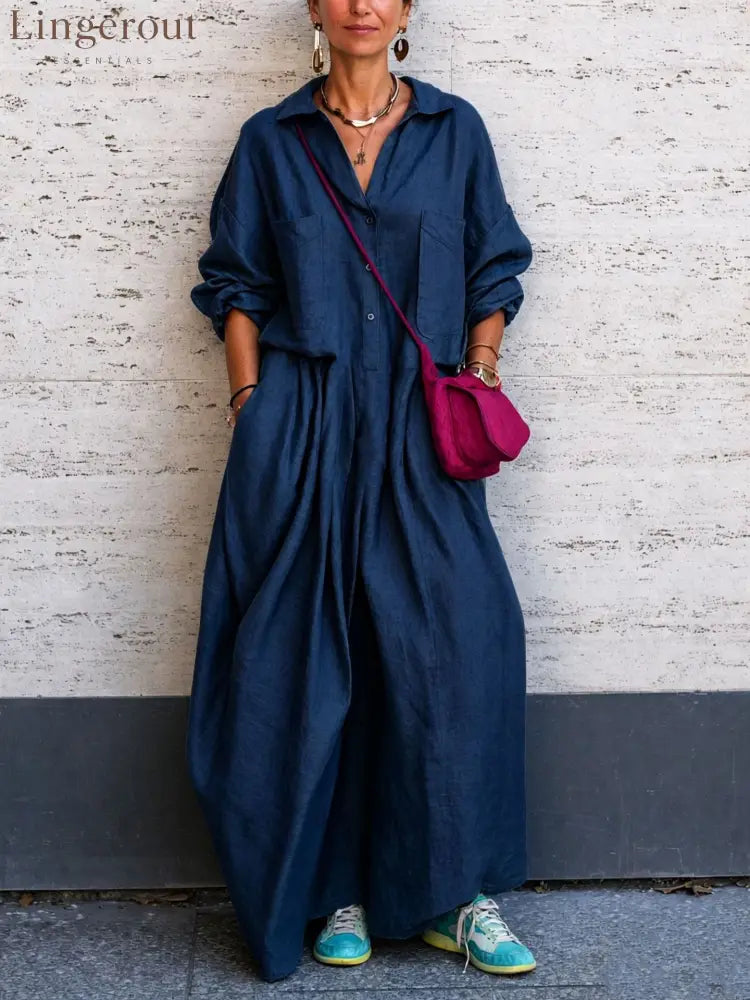 Oversized Linen Wide Leg Jumpsuit - Navy blue / S