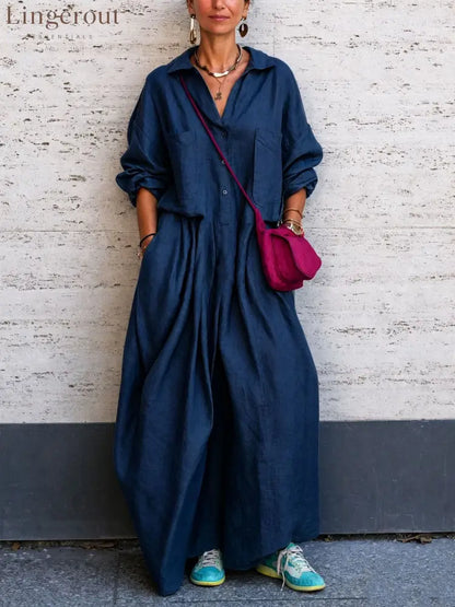 Oversized Linen Wide Leg Jumpsuit - Navy blue / S