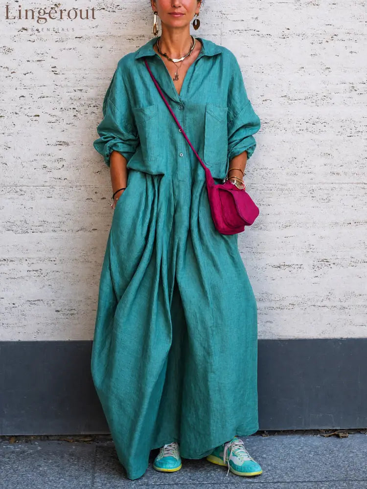Oversized Linen Wide Leg Jumpsuit - Peacock blue / S