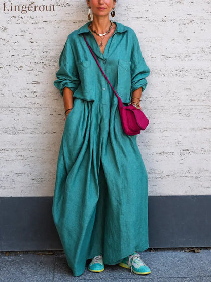 Oversized Linen Wide Leg Jumpsuit - Peacock blue / S