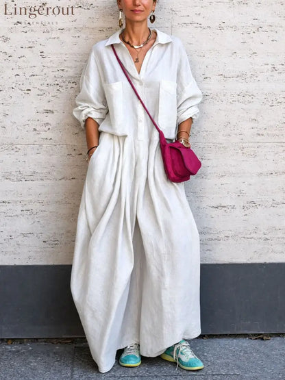 Oversized Linen Wide Leg Jumpsuit - White / S
