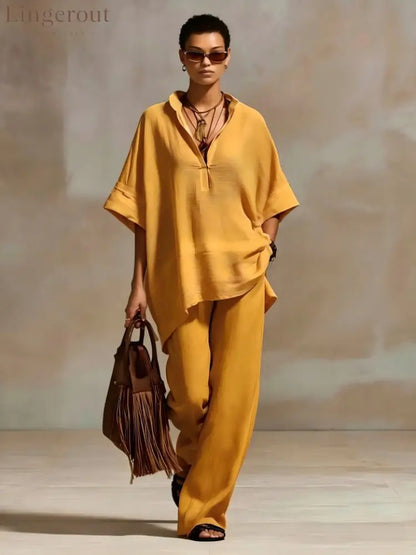 Oversized Relaxed Two Piece Linen Feel Matching Set - Ginger yellow / S