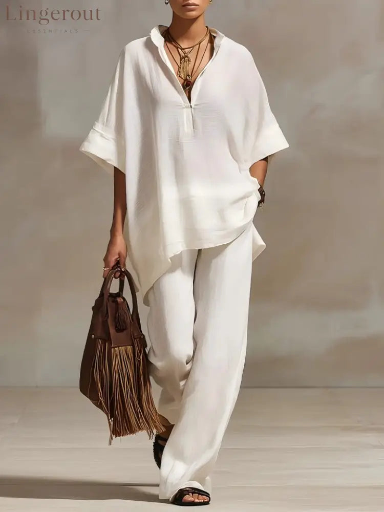 Oversized Relaxed Two Piece Linen Feel Matching Set - Ivory white / S