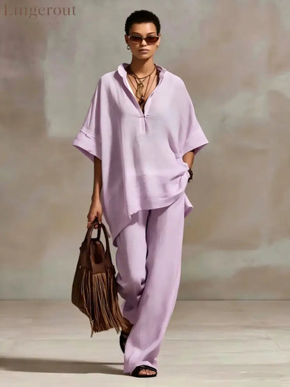 Oversized Relaxed Two Piece Linen Feel Matching Set - Light purple / S
