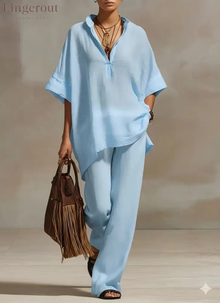 Oversized Relaxed Two Piece Linen Feel Matching Set - Sky blue / S