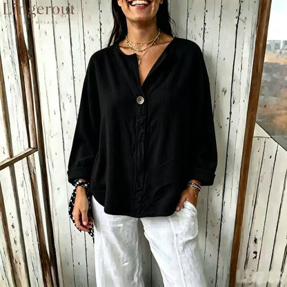 Oversized Ribbed Button-Front Top - Black / S