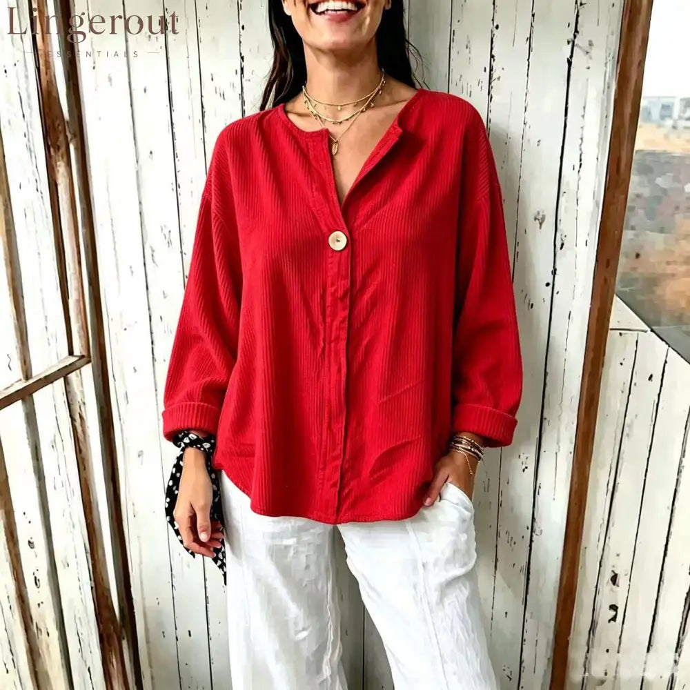 Oversized Ribbed Button-Front Top - Red / S