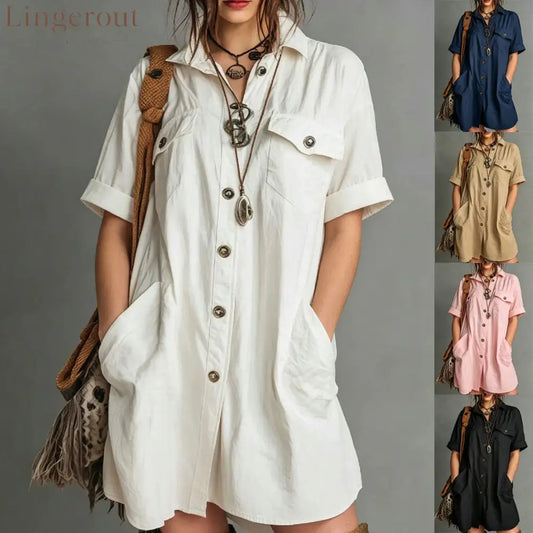 Oversized Short Sleeve Button Down Shirt Mini Dress with Pockets