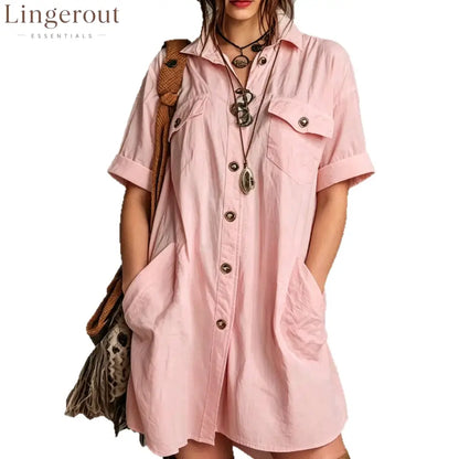 Oversized Short Sleeve Button Down Shirt Mini Dress with Pockets