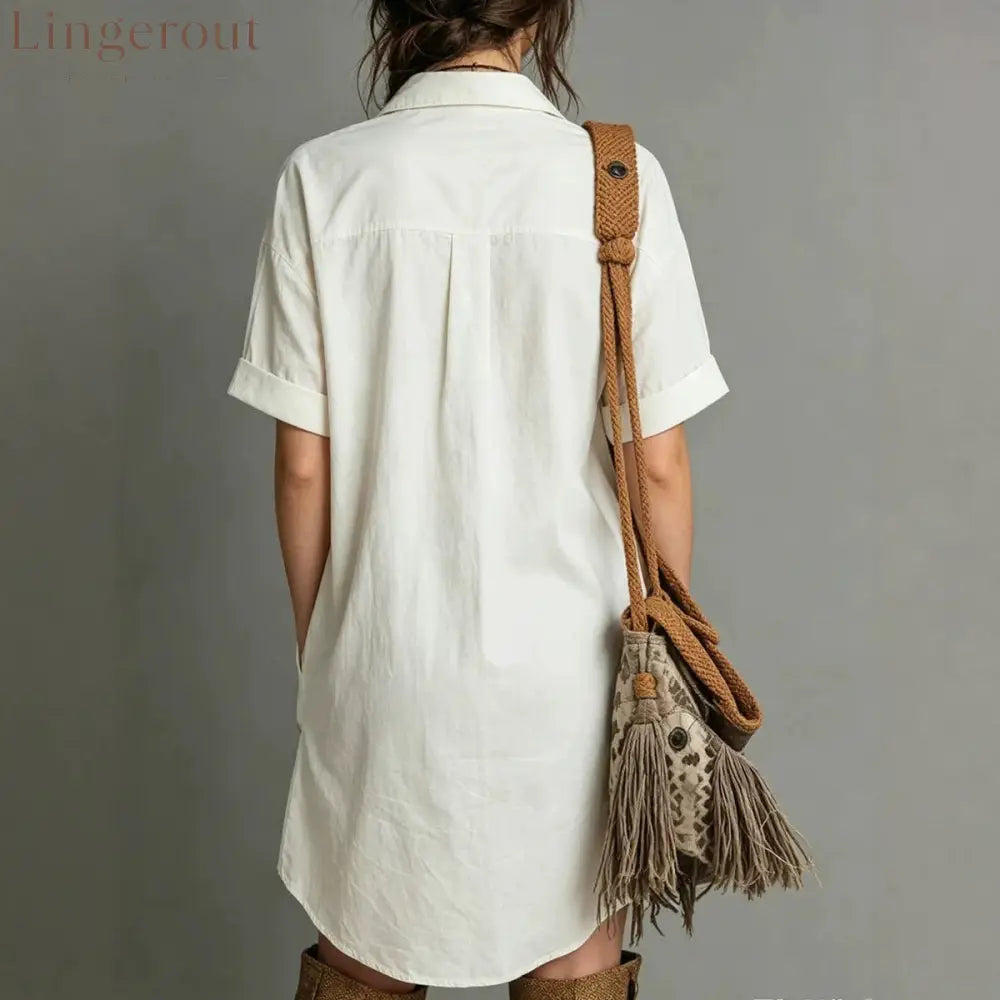 Oversized Short Sleeve Button Down Shirt Mini Dress with Pockets