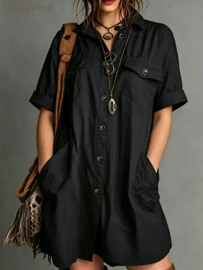 Oversized Short Sleeve Button Down Shirt Mini Dress with Pockets - Black / S