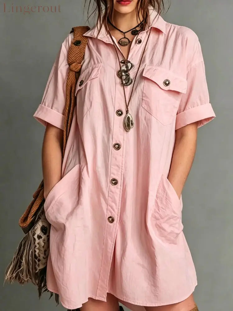 Oversized Short Sleeve Button Down Shirt Mini Dress with Pockets - Pink / S