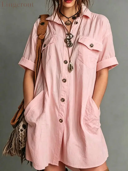 Oversized Short Sleeve Button Down Shirt Mini Dress with Pockets - Pink / S