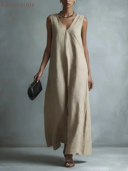 Oversized Sleeveless Linen Maxi Dress - Khaki / S