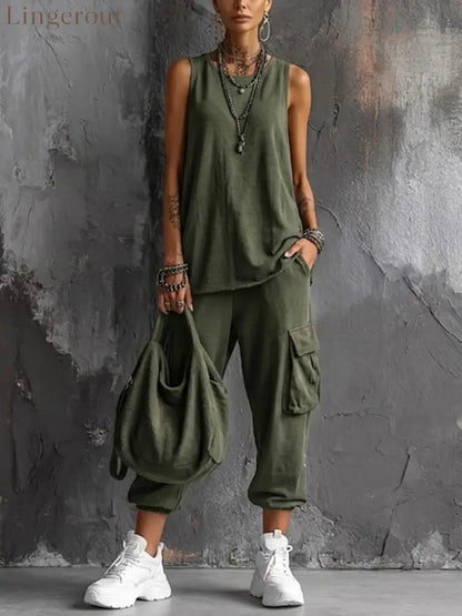 Oversized Sleeveless Top & Cargo Jogger Set - Army green / S