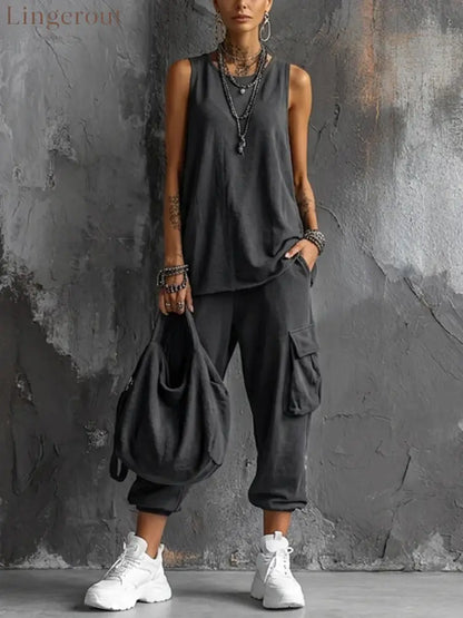 Oversized Sleeveless Top & Cargo Jogger Set - Black / S