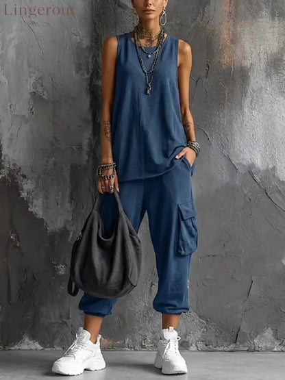 Oversized Sleeveless Top & Cargo Jogger Set - Dark blue / S