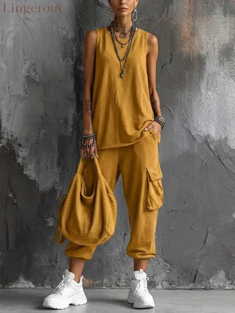 Oversized Sleeveless Top & Cargo Jogger Set - Yellow / S