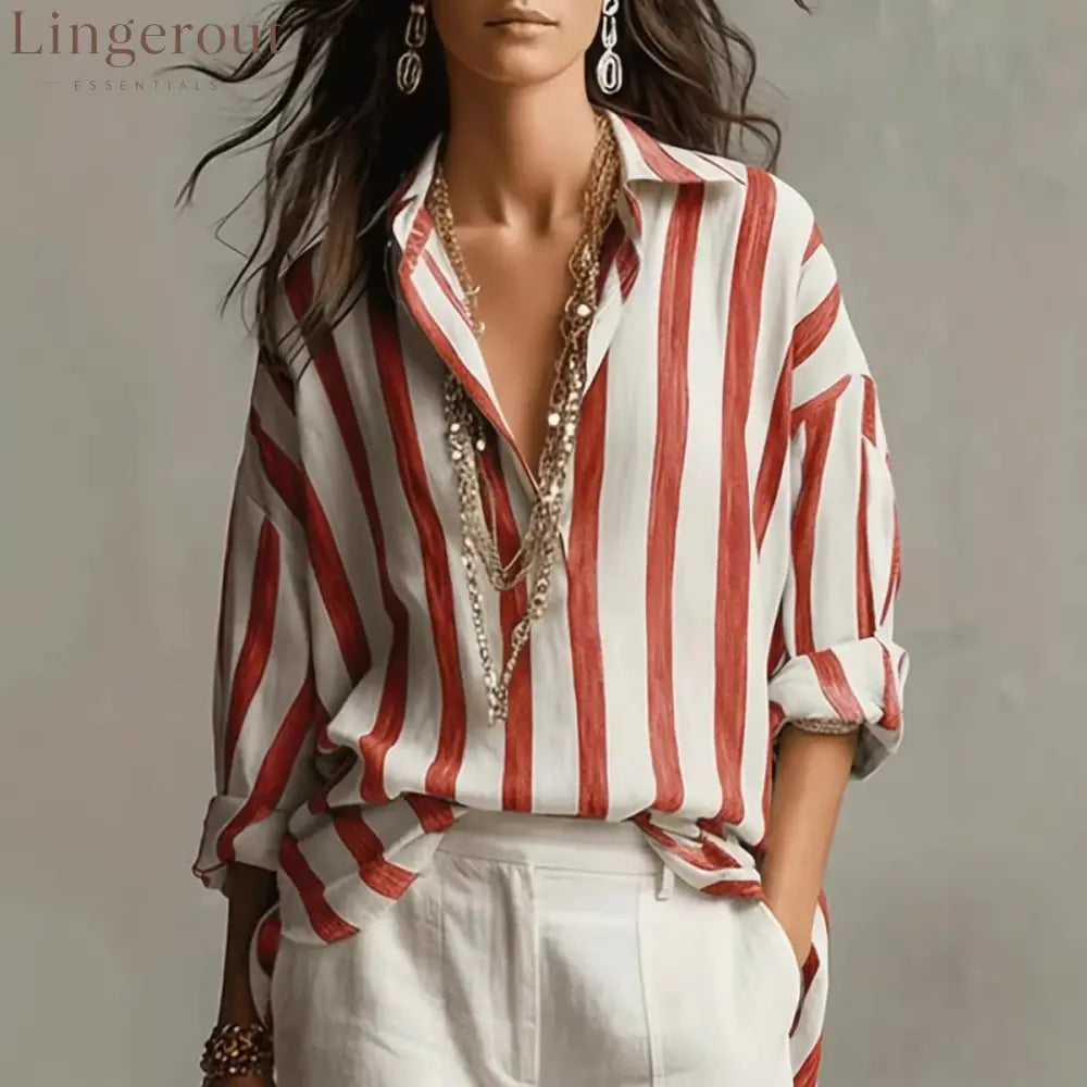 Oversized Striped Button-Down Shirt - Red / S