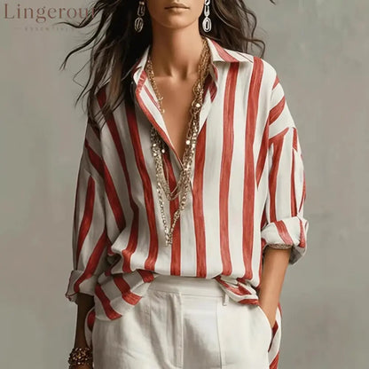 Oversized Striped Button-Down Shirt - Red / S