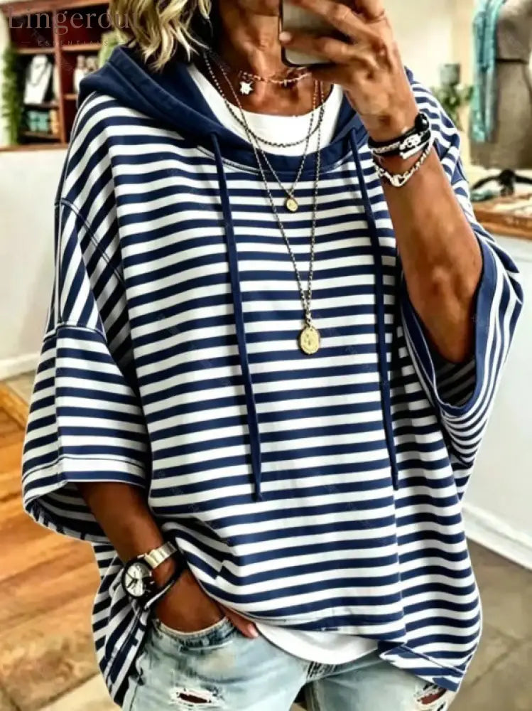 Oversized Striped Hoodie - Navy blue / S