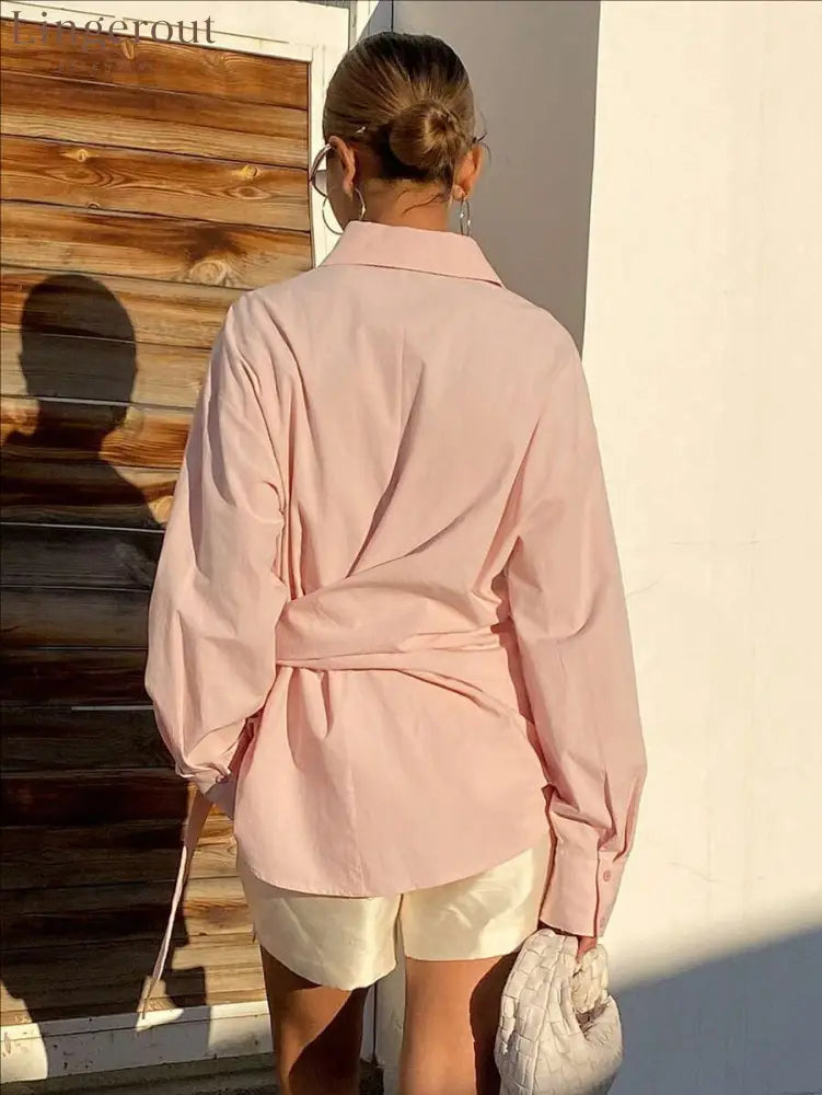 Oversized Tie-Front Button-Up Shirt | Long Sleeve Collared Blouse