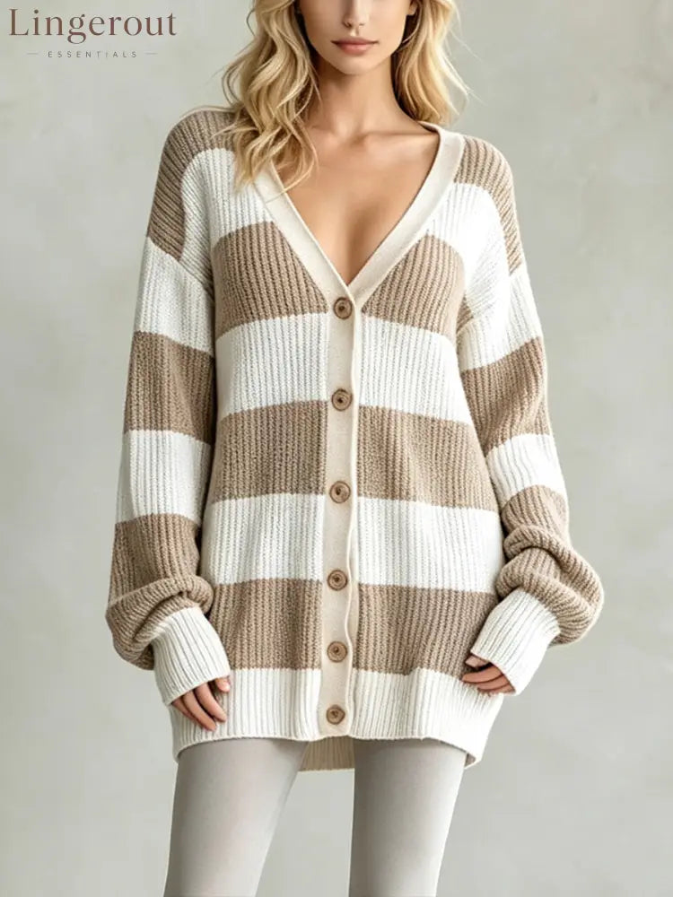Oversized V-Neck Button-Front Chunky Knit Cardigan - Khaki / S