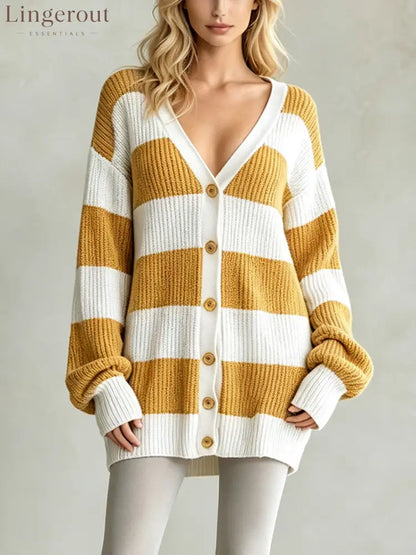 Oversized V-Neck Button-Front Chunky Knit Cardigan - Yellow / S