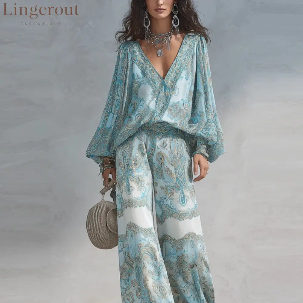 Paisley Print Blouse & Wide-Leg Pants Set