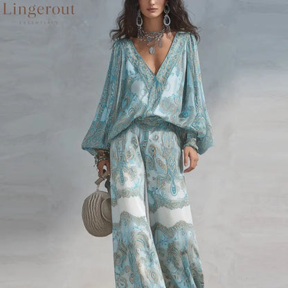 Paisley Print Blouse & Wide-Leg Pants Set