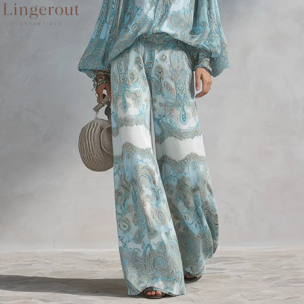 Paisley Print Blouse & Wide-Leg Pants Set